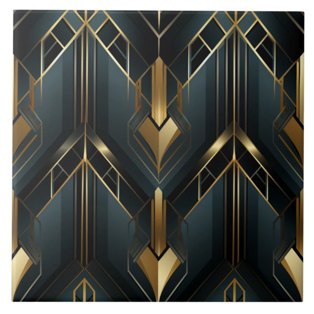 Quadros Angulares Art Déco em Azul Teal Profundo e (The complete printed Art Deco tile design. Tiles sold individually.)