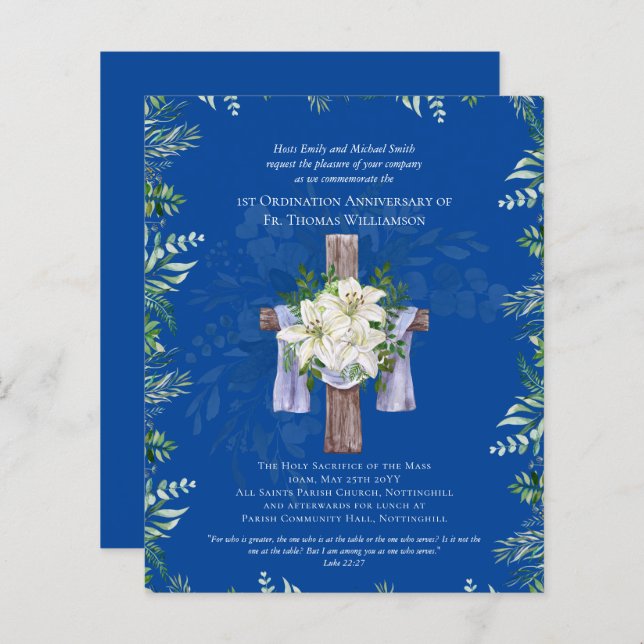 QUALQUER Aniversário de Ordenação Convite Lilys Az (Frente/Verso)