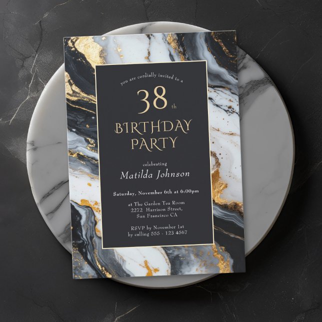 Qualquer Convite de Aniversário de Marble Negro e  (Any Age Black and Gold Marble Birthday Invitation)