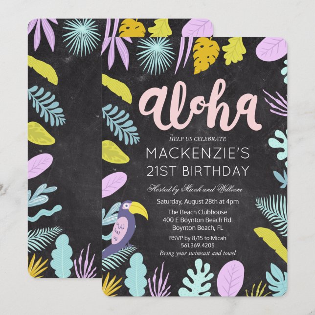 QUALQUER IDADE - Convite de Aniversário Aloha Palm (Frente/Verso)