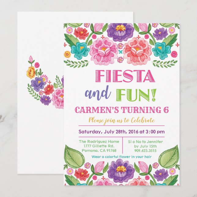 QUALQUER IDADE - Convite de Aniversário Fiesta Flo (Frente/Verso)