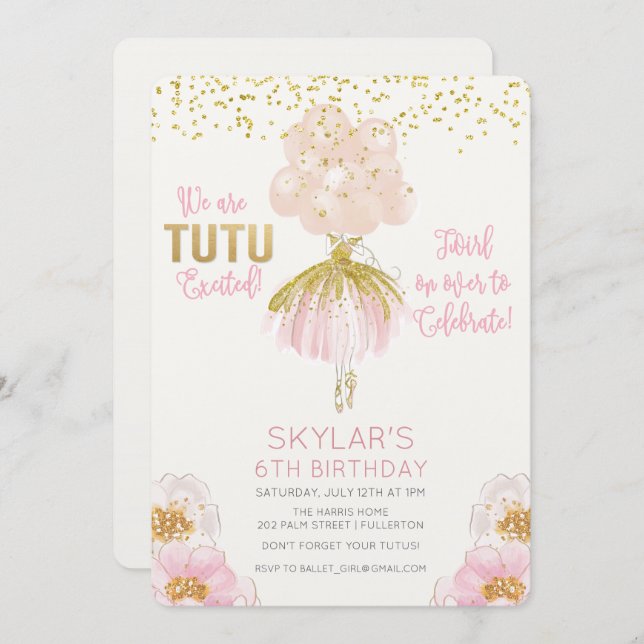 QUALQUER IDADE - Convite de aniversário para Balés (Frente/Verso)