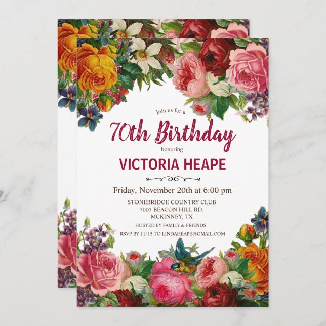 QUALQUER IDADE - Convite Floral de Aniversário Vin (Frente/Verso)