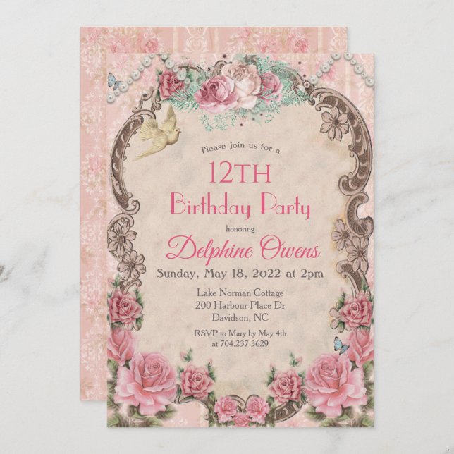 QUALQUER IDADE - Convite Floral de Aniversário Vin (Frente/Verso)