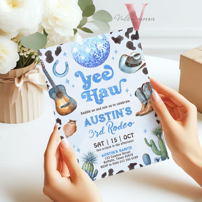 QUALQUER IDADE RODEO Cowboy Blue Birthday Convite (Criador carregado)