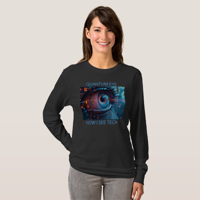 Quantum Eye Tech mulher mande camiseta preta de ma (Frente Completa)