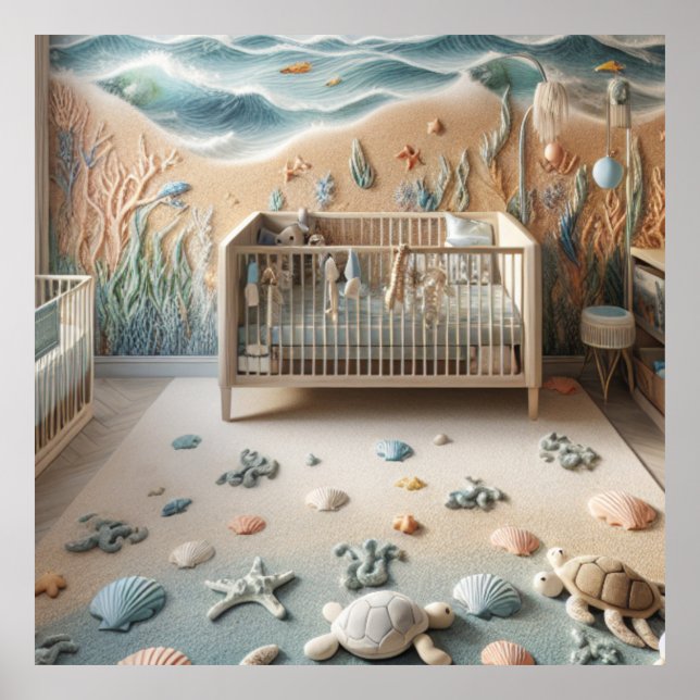 Quarto Temático de Praia Pastel em um Poster (Frente)