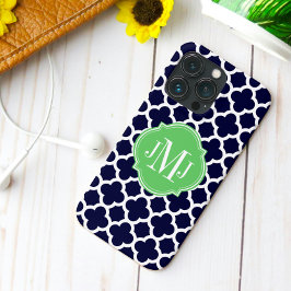 Quatrefoil Azul Marinho e Padrão Branco Monograma