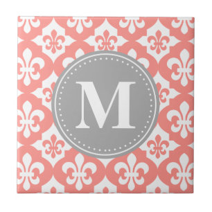 Quatrefoil Fleur-De-Lis Cinza Cor-De-Coral Monogra