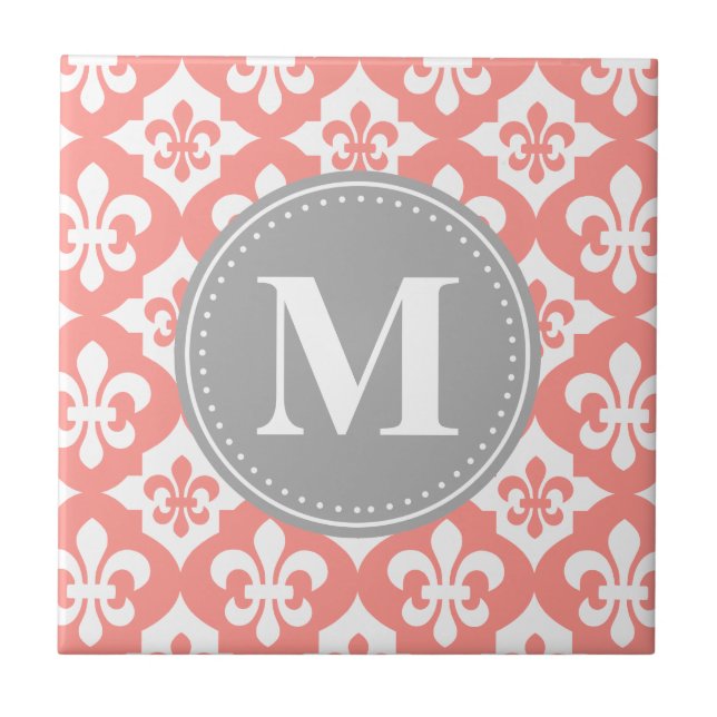 Quatrefoil Fleur-De-Lis Cinza Cor-De-Coral Monogra (Frente)