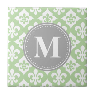 Quatrefoil Fleur-De-Lis Mint Cinza Verde Monograma