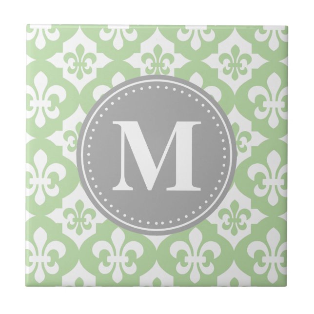 Quatrefoil Fleur-De-Lis Mint Cinza Verde Monograma (Frente)