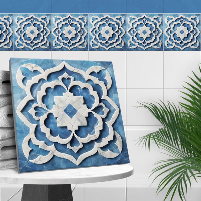 Quatrefoil marroquino, azul e mármore branco (Criador carregado)