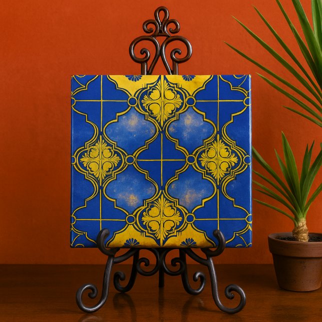 Quatrefoils de Padrão Marroquino Azul e Dourado (Moroccan pattern blue and gold decorative ceramic tile for bathroom kitchen patio)