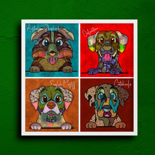 Quatro cães feios rodeiam poster de abstrato (Criador carregado)