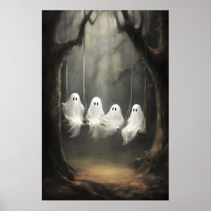 Quatro fantasmas fofos em um balanço em impressão
