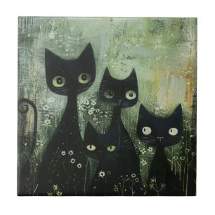 Quatro Gatos Pretos com Margaridas em Cinza Misto
