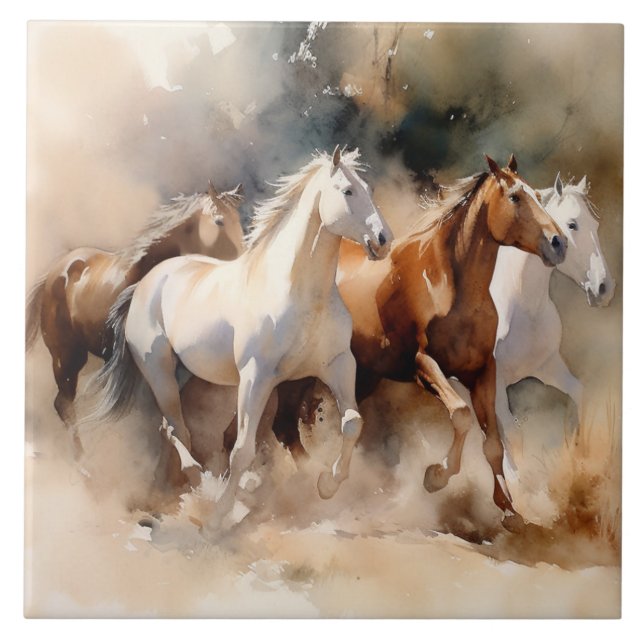 “Quatro Mustangs Galopando” Aquarela Ocidental Emp (Frente)