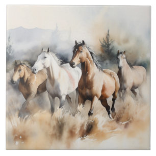 “Quatro Mustangs Selvagens” Aquarela Ocidental Emp