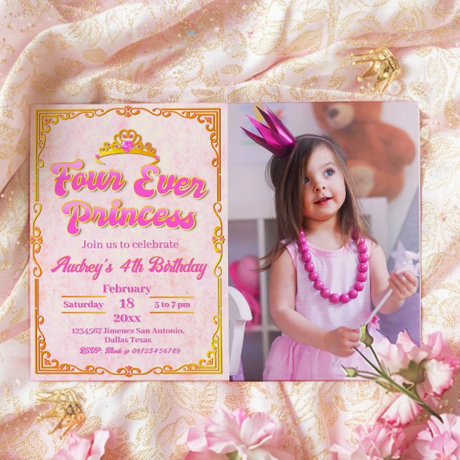 Quatro Princesa - 4.º Convite de Aniversário (Four Ever Princess - Girl 4th Birthday Landscape Invitation with Picture)