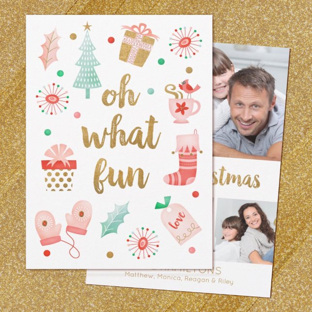 Que Cartões de foto de Natal Dourado de Script Div (A cute and whimsical "oh What Fun" Photo Christmas Card)