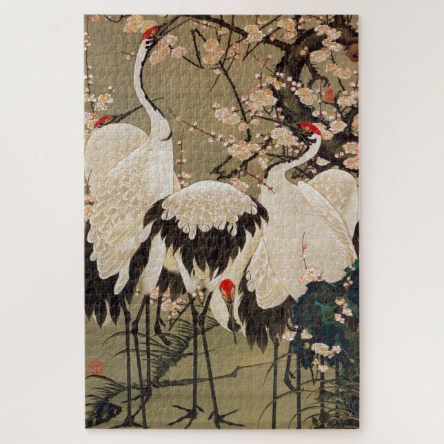 Quebra-cabeça 梅 花 群 図, 若 冲 Flum Blossoms & Cranes, Jakuchu (Vertical)