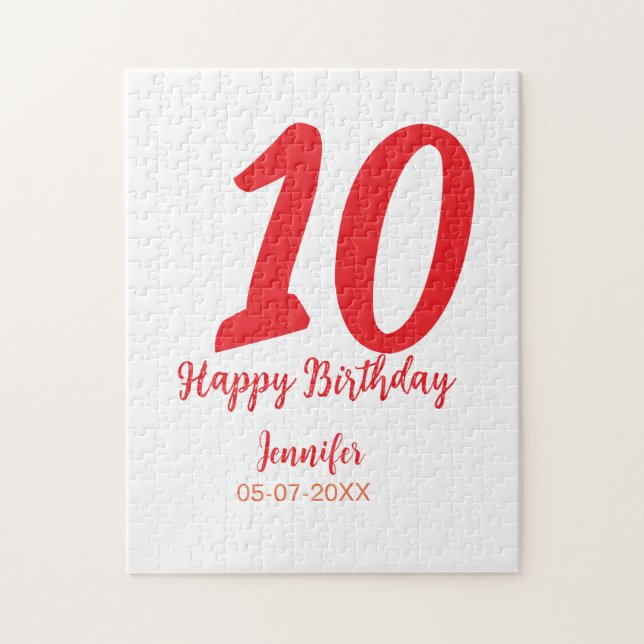 Quebra-cabeça 10.º aniversário adicionar nome data ano vermelho  (Vertical)