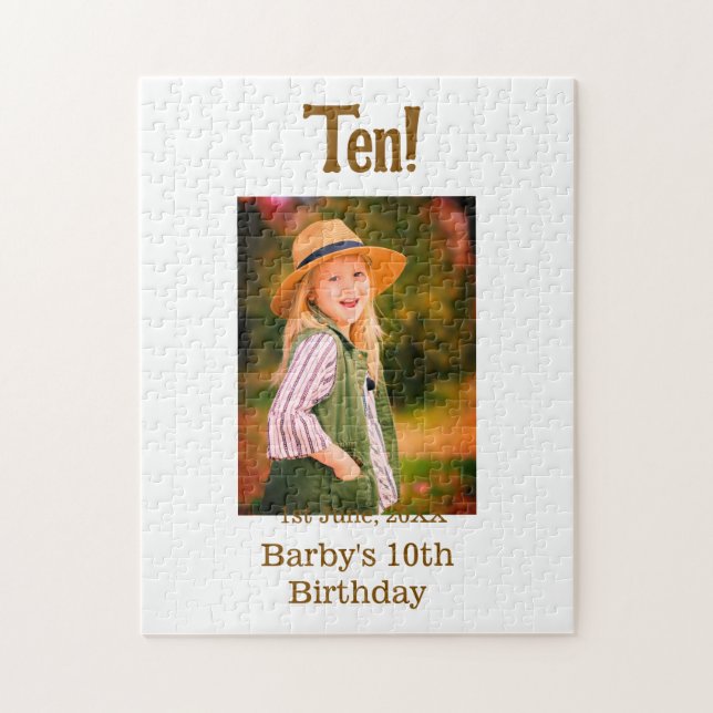 Quebra-cabeça 10th birthday photo name date simple brown beige b (Vertical)