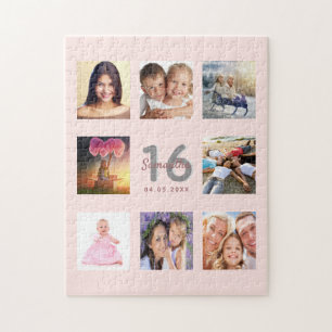Quebra-cabeça 16.º aniversário foto personalizada rosa dourado