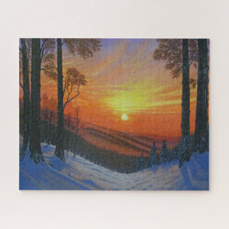Quebra-cabeça 16"x20" - "Pôr do sol sobre floresta