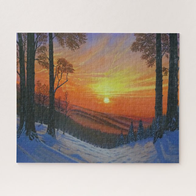 Quebra-cabeça 16"x20" - "Pôr do sol sobre floresta (Horizontal)