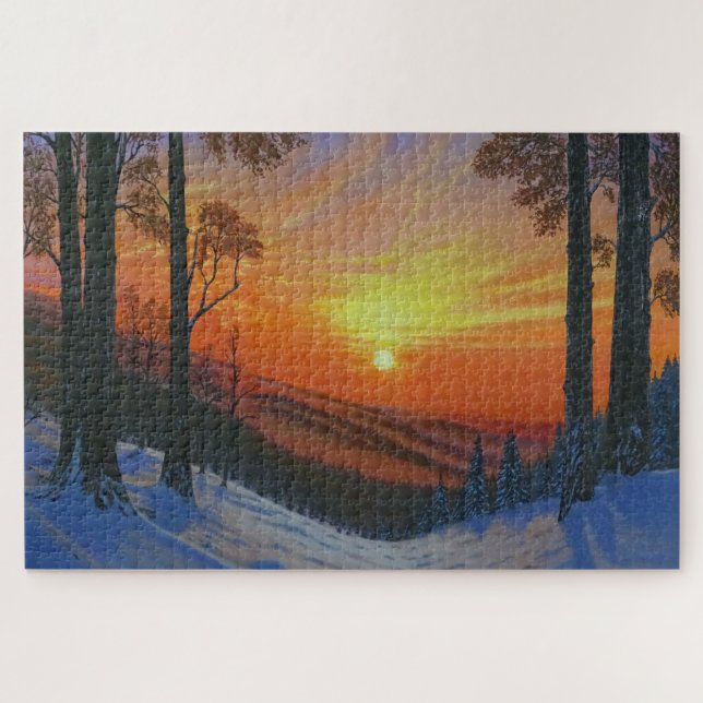 Quebra-cabeça 20"x30" - "Pôr do sol sobre floresta (Horizontal)