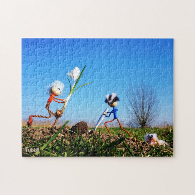 Quebra-cabeça 2 Fubby's die een bol krokus planten. (Horizontal)