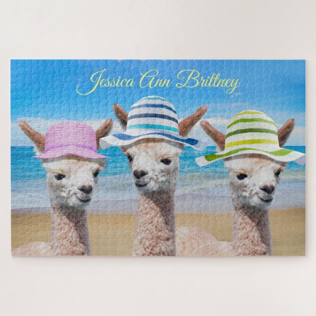 Quebra-cabeça 3 Alpacas On Beach In Sun Hats, DIY Name (Horizontal)