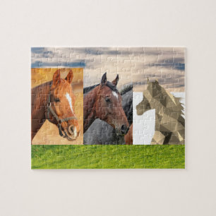 Quebra-cabeça 3 cavalos, castanho, arte, 6 anos, 110 peças