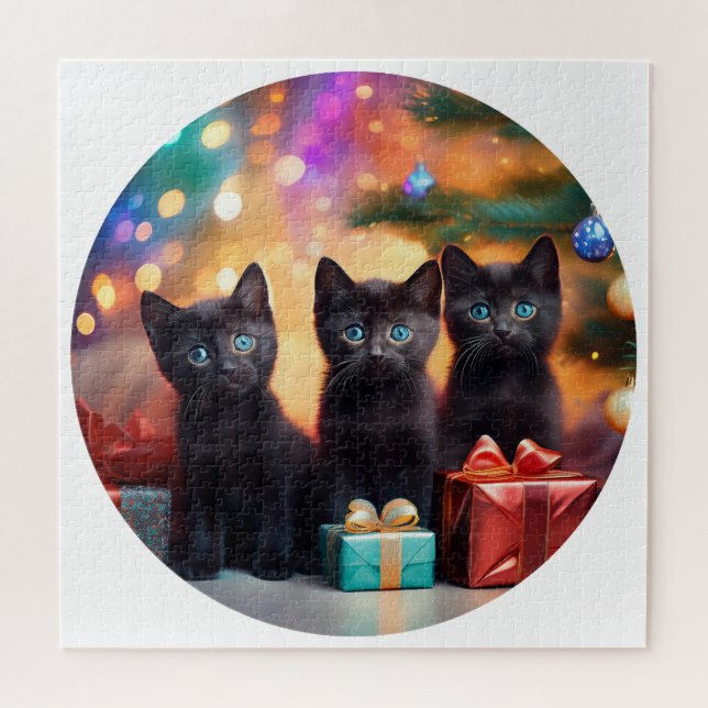 Quebra-cabeça 3 Jovens Black Eyed Black Kittens Cena de Natal (Horizontal)