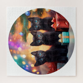 Quebra-cabeça 3 Jovens Black Eyed Black Kittens Cena de Natal