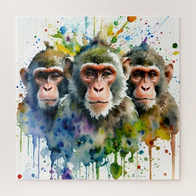 Quebra-cabeça 3 Macacos Arte Colorida Por Aquarela (Vertical)