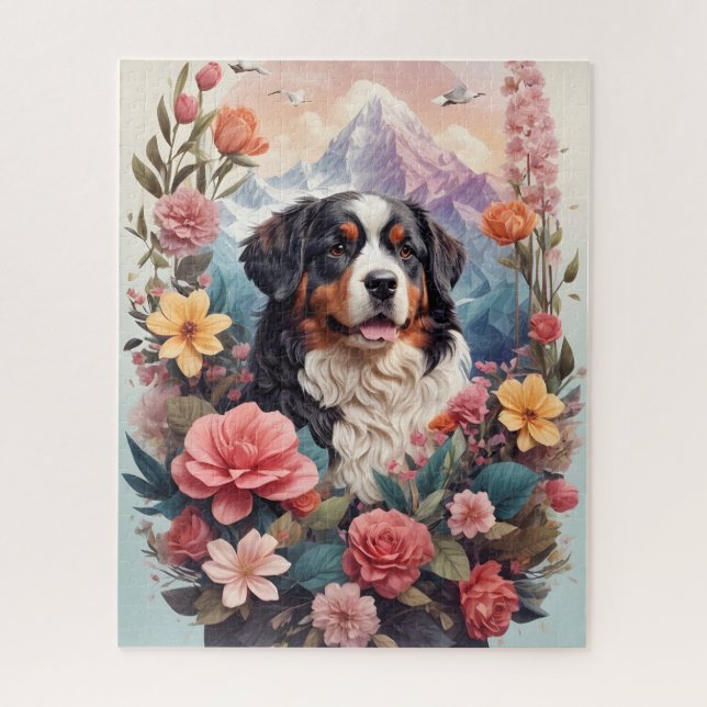 Quebra-cabeça 3D Fantasia Floral Bernese Mountain Dog Birds Ver (Vertical)
