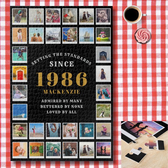 Quebra-cabeça 40th Birthday 1986 Family Memories Photo Collage  (1986 Photo template jigsaw puzzle. Background checked red and white tablecloth. )