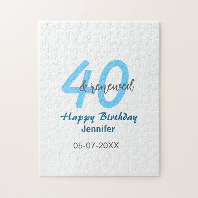 Quebra-cabeça 40th & renewed birthday name date blue bold number (Vertical)