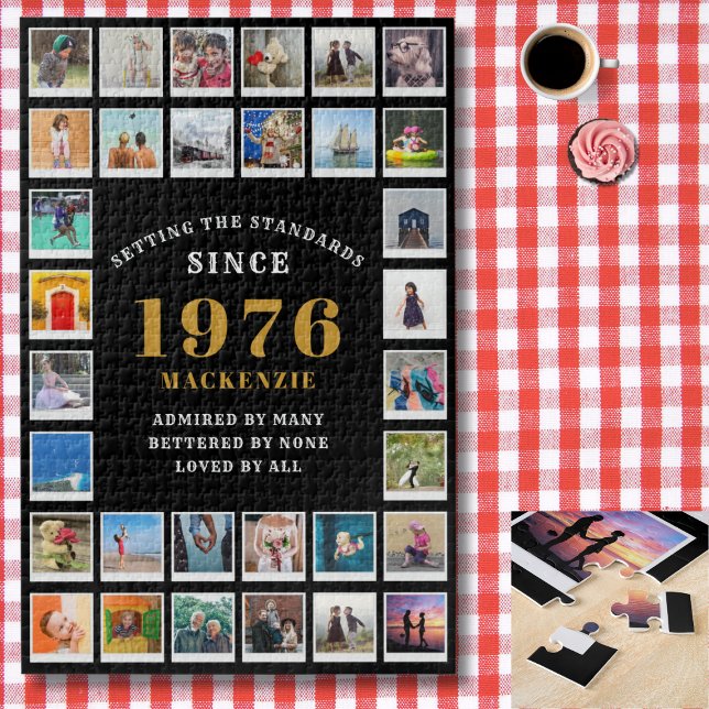 Quebra-cabeça 50th Birthday 1976 Family Memories Photo Collage (1976 photo collage jigsaw puzzle. Background red and white check tablecloth)