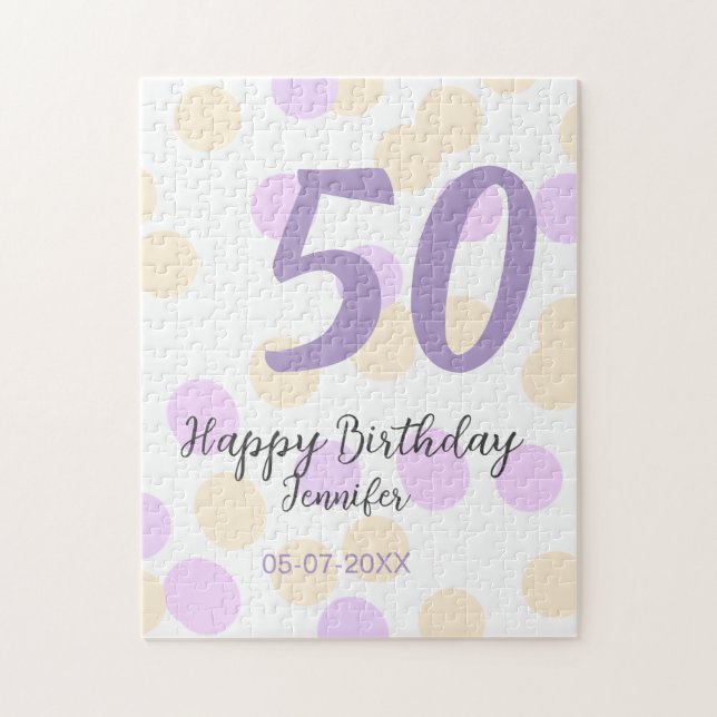 Quebra-cabeça 50th birthday add name date purple orange polkadot (Vertical)