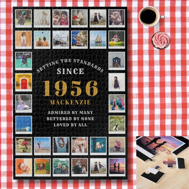 Quebra-cabeça 70th Birthday 1956 Family Memories Photo Collage (1956 photo collage jigsaw puzzle. Background red and white check tablecloth)