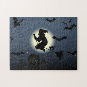 Quebra-cabeça a cena da bruxa voadora do halloween