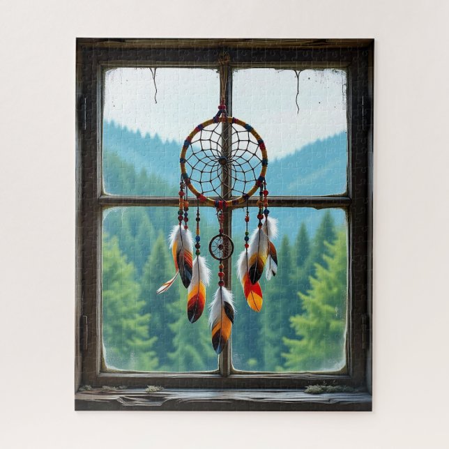 Quebra-cabeça A Dreamcatcher in a Window overlooking Mountains (Vertical)