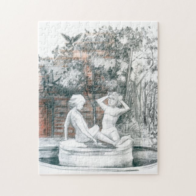 Quebra-cabeça a fonte da cidade com figurinas de meninas (Vertical)