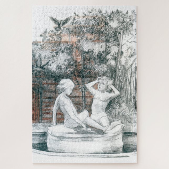 Quebra-cabeça a fonte da cidade com figurinas de meninas (Vertical)
