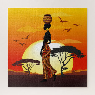 Quebra-cabeça A linda mulher africana Silhouette sobre os sóis a