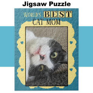 Quebra-cabeça A melhor mãe do gato adiciona foto azul